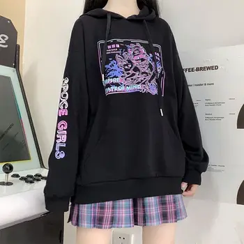 Čierna Mikina Japonský Harajuku Grafickým Kapucňou pre Ženy, Dievča, Voľné Kapucňou Oblečenie Emo Alt Streetwear Pulóver
