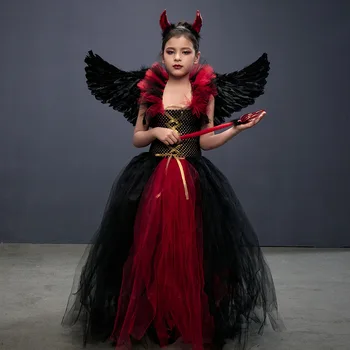 Halloween Kostým Deti, Dievčatá, Čarodejnice Šaty s Headdress Čarovná Palička Diabol Demon Dark Angel Cosplay Kostým Efektné Šaty Tutu Šaty